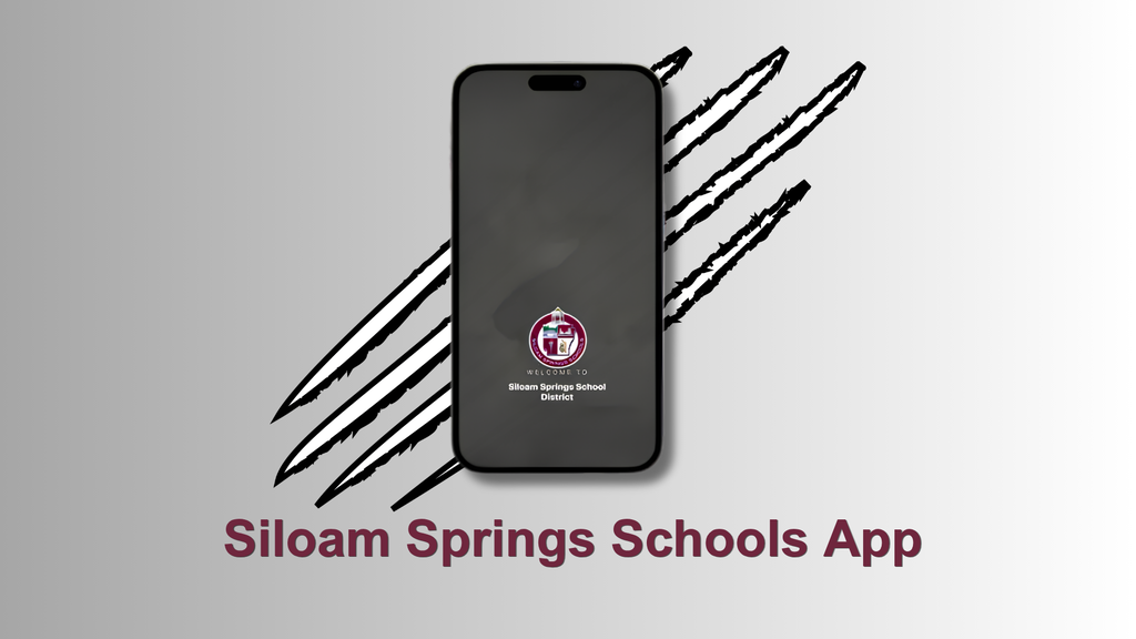 A black phone with the screen off. It features a logo and the words "Siloam Springs Schools App."