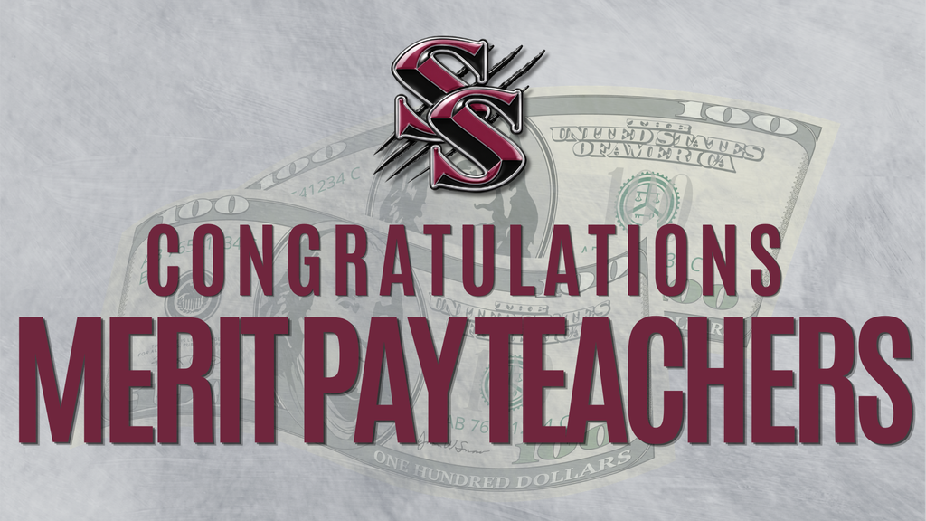 A graphic features a school logo, with "CONGRATULATIONS" and "MERIT PAY TEACHERS" in red text on a white background.