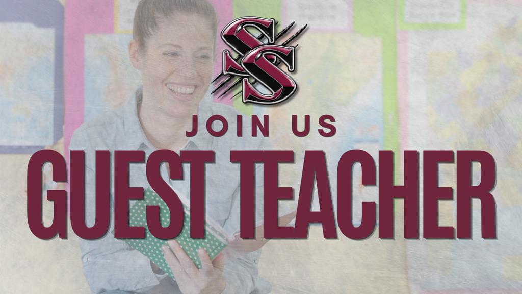 A smiling person holds a book in a classroom. Text reads "Join Us Guest Teacher" with a school logo.