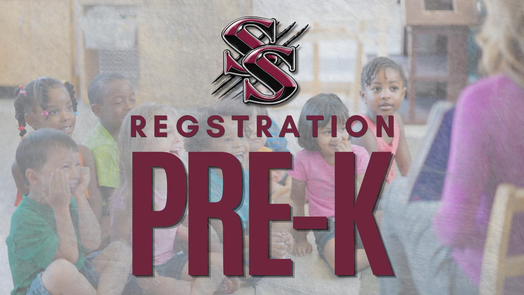 A classroom with kids sitting on the floor. A teacher talks to them. Logo and text reads "REGISTRATION PRE-K".