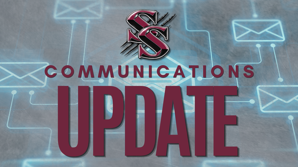"Communications Update" headline with red text on a gray background. An "S" logo is in the upper left corner.