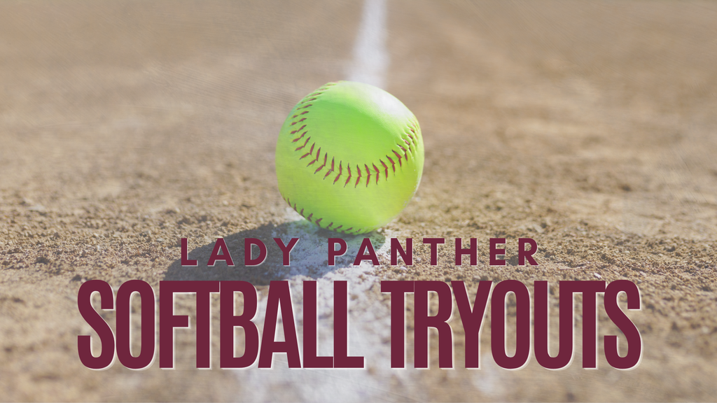 A softball on the dirt infield with text above that reads "Lady Panther Softball Tryouts".