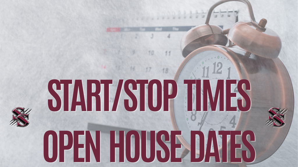 An alarm clock shows the time as 1:37. Text overlay reads "START/STOP TIMES OPEN HOUSE DATES." Background is a calendar.