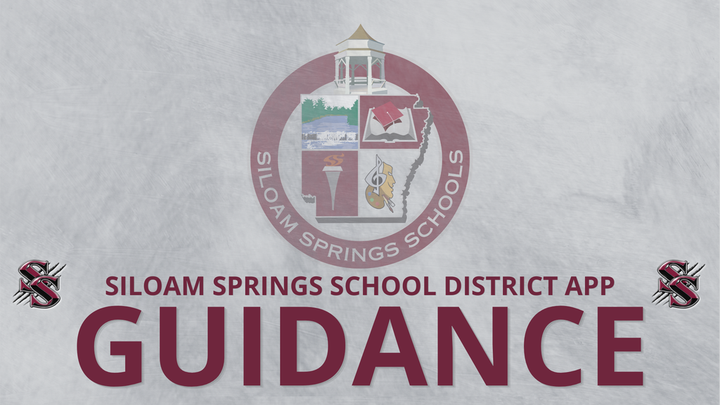 A white background features the Siloam Springs School District logo, including a tower, a torch, and a book. Below, "GUIDANCE" is in red text.