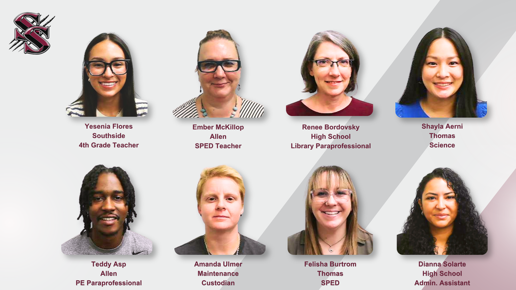 Nine smiling women in profile view. Background is maroon and gray. Names and job titles are listed below each.