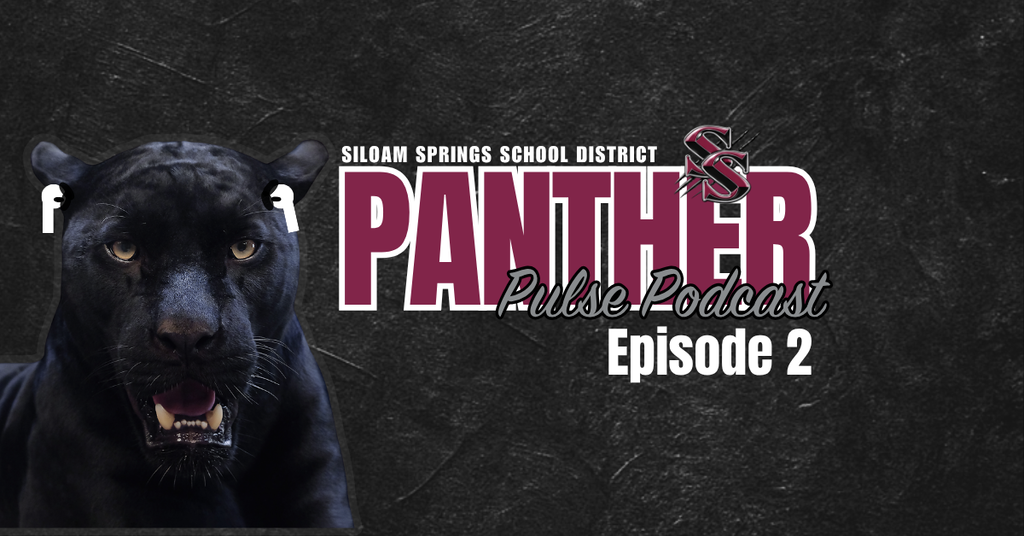 Black panther with mouth open and showing teeth on a dark background. Text reads "Panther Pulse Podcast Episode 2"