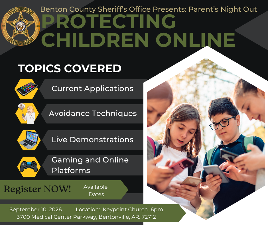 An event poster with a group of children using devices. Topics include current apps, avoidance techniques, live demonstrations, and gaming.