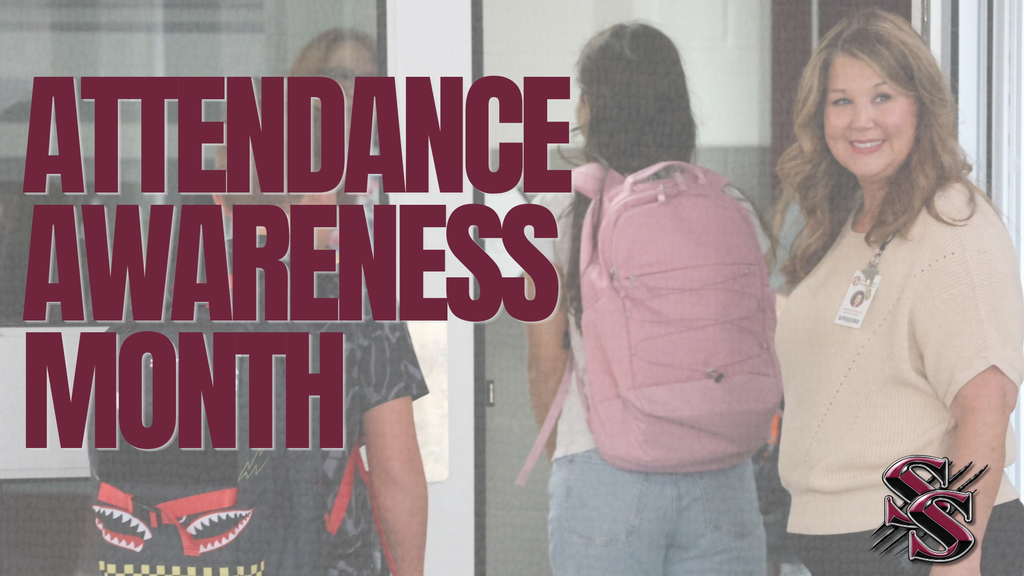 A woman stands near a glass door. One wears a pink backpack. Text reads "Attendance Awareness Month".