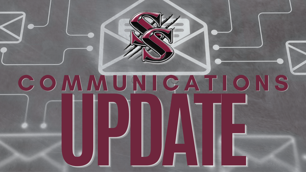 Logo with "S" above "COMMUNICATIONS UPDATE" on a circuit board and envelope background.