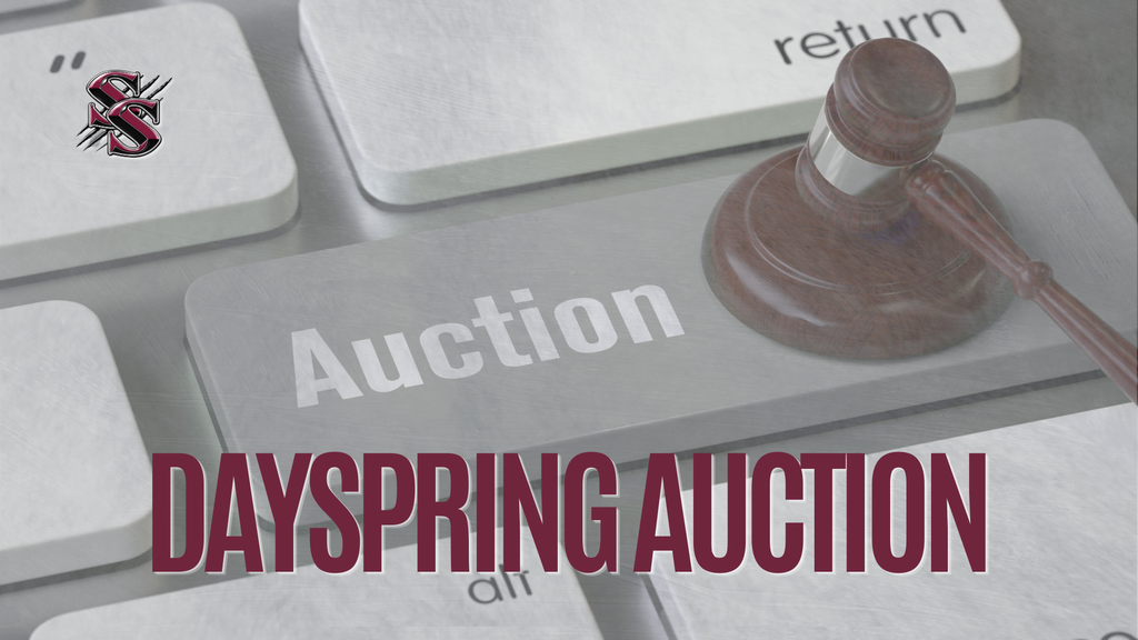 Keyboard with "Auction" key, a wooden gavel on it, and the words "DAYSPRING AUCTION" in red.