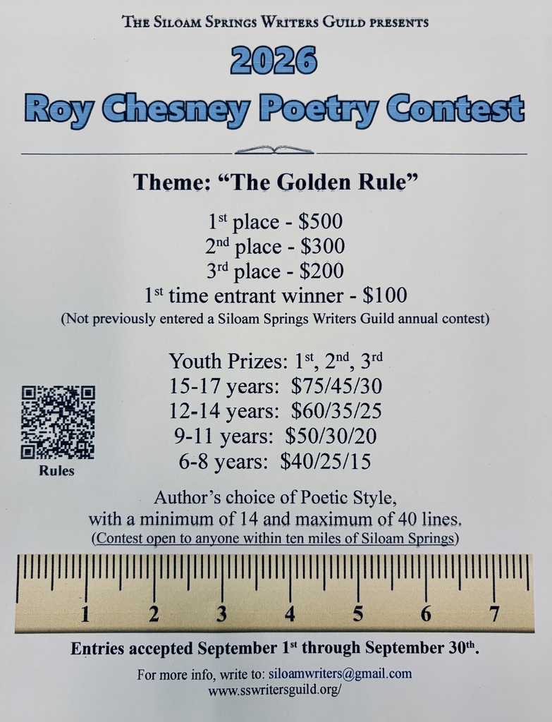A white page with blue and black text announces a poetry contest. It lists prizes for different age groups and categories.