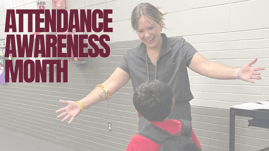 A woman stands with arms outstretched, smiling at a child with a backpack in a hallway.