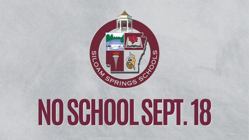 A logo with a gray background, featuring a tower, a torch, and other symbols. Text reads "SIOAM SPRINGS SCHOOLS". Below it, the announcement "NO SCHOOL SEPT. 18" in red.