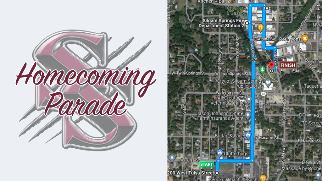 A map showing a blue route line and a logo with the text "Homecoming Parade" on a white background.