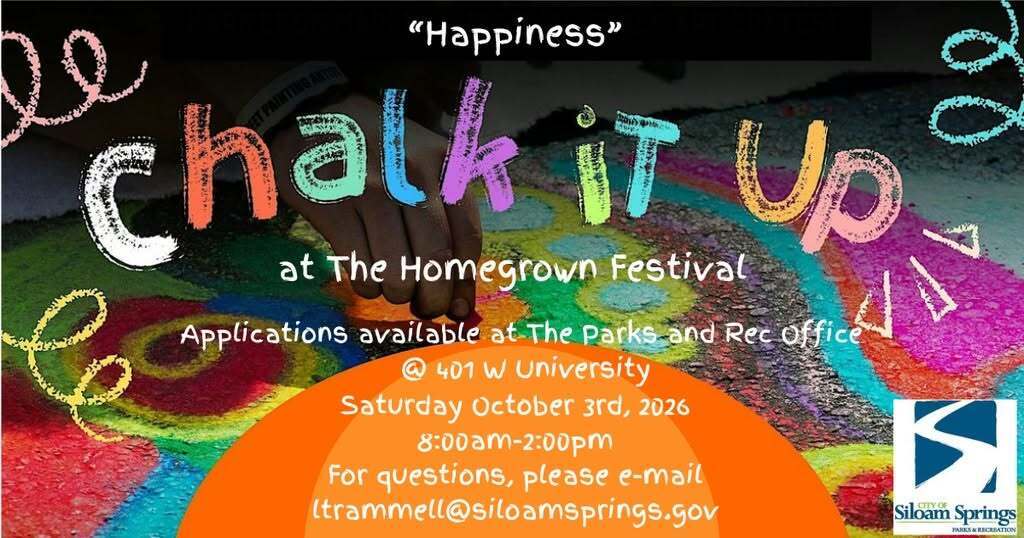 Flyer with colorful chalk artwork. The title reads "Chalk it Up" with "Happiness" above it. It is for The Homegrown Festival.