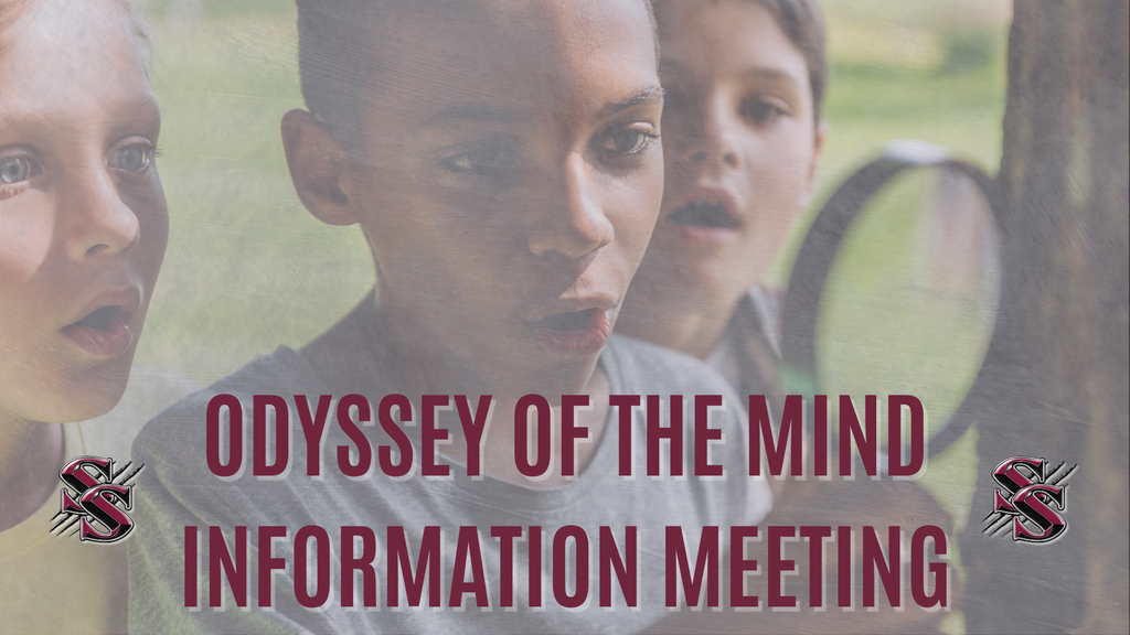 Three children look through a magnifying glass at a grassy background. Text reads "Odyssey of the Mind Information Meeting."