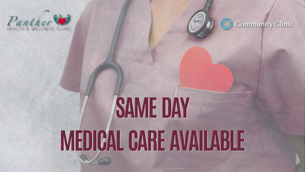 A healthcare worker in pink scrubs, a stethoscope, and a heart-shaped pin. Text reads "SAME DAY MEDICAL CARE AVAILABLE."