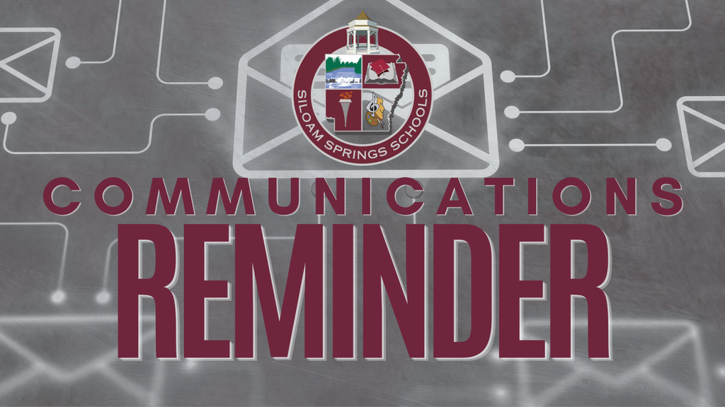 "Communications Reminder" in red text on a gray background with logos of schools and envelopes.