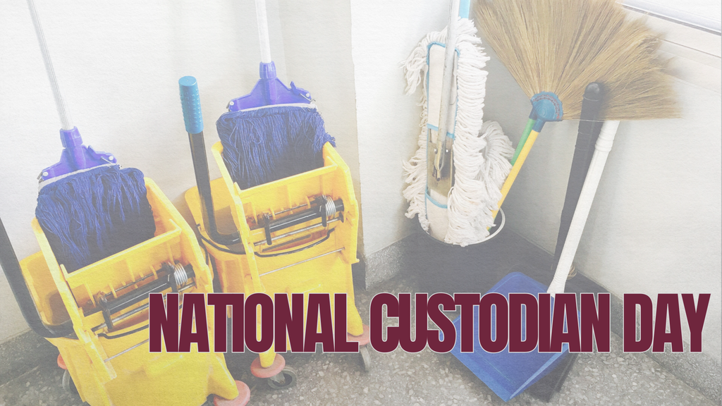 Yellow cleaning trolleys with blue and purple mops next to a broom. The words "National Custodian Day" in red text.