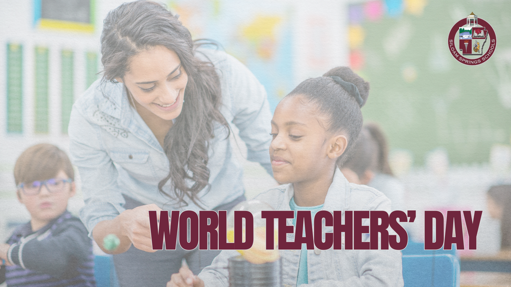 Teacher assisting a student in a classroom. Text overlay reads "WORLD TEACHERS' DAY" in red.