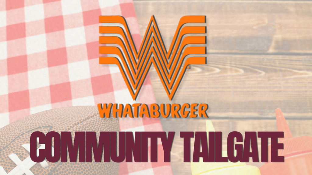 A logo for Whataburger with a football, checkered cloth, and a yellow cone in a blurred wooden background.