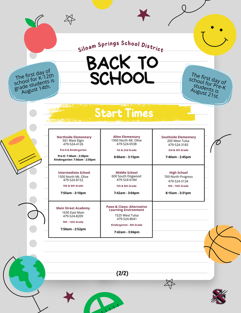 back to school flyer listing all the start times for our 7 schools