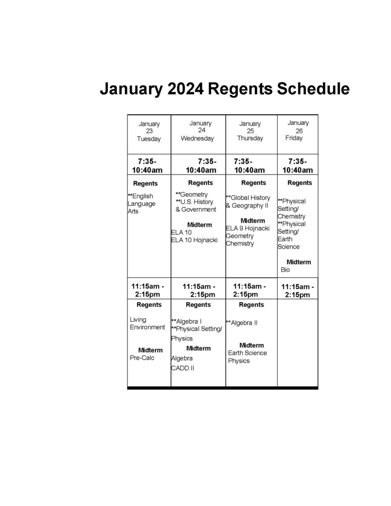 January Regents Schedule Silver Creek CSD January Regents Schedule Silver Creek CSD