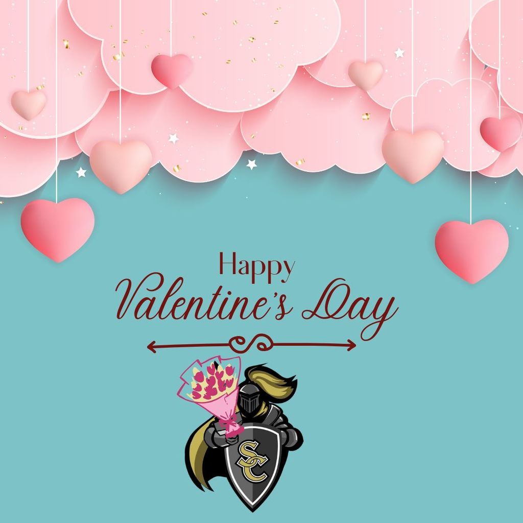 Valentine's Day pink hearts & knight holding flowers