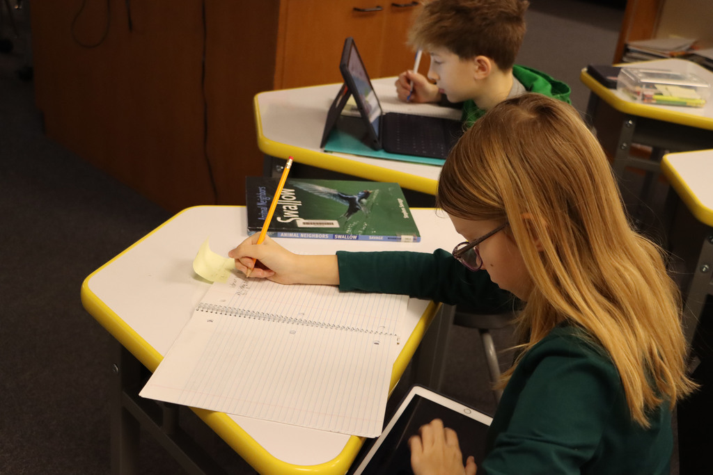 Two students write down facts