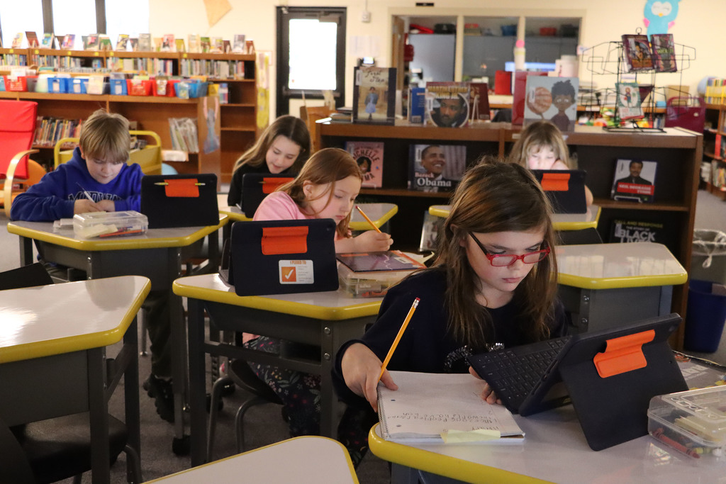 students look at databases while doing research.