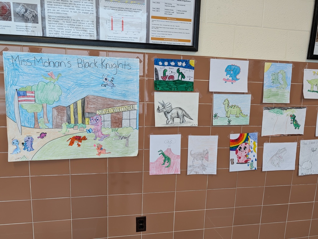 gallery of dinosaur drawings in hallway