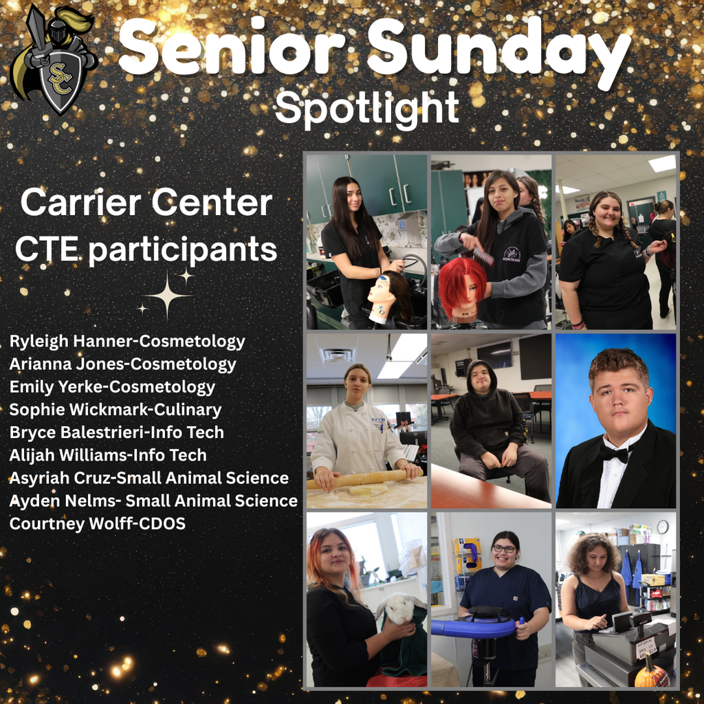 Senior Spotlight composite with Carrier Center CTE students in action at their designated programs