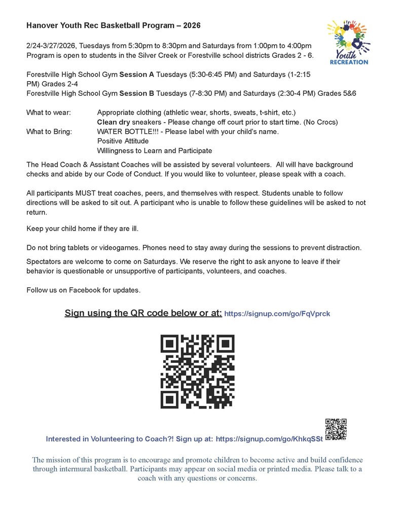 2026 Hanover Youth Rec Baketball Flyer