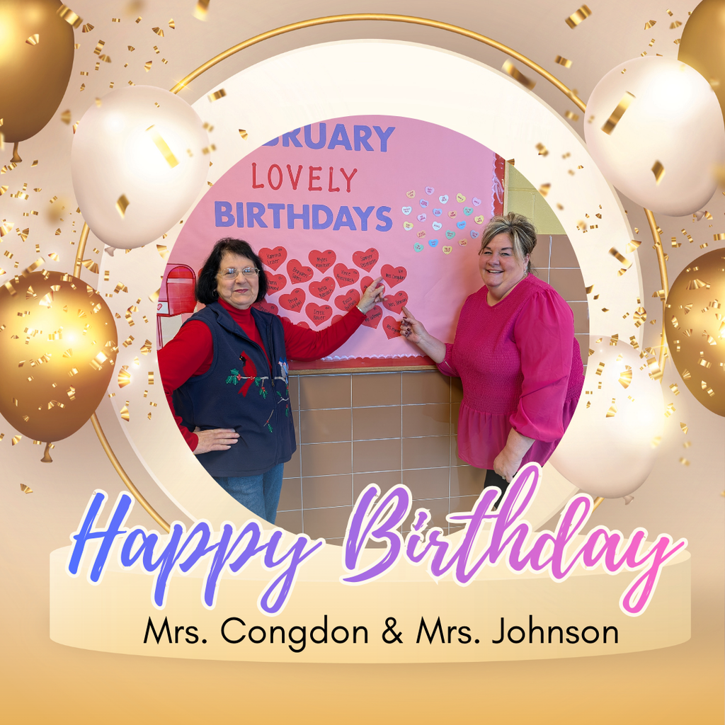 Sandy and Jody posing by the birthday bulletin board