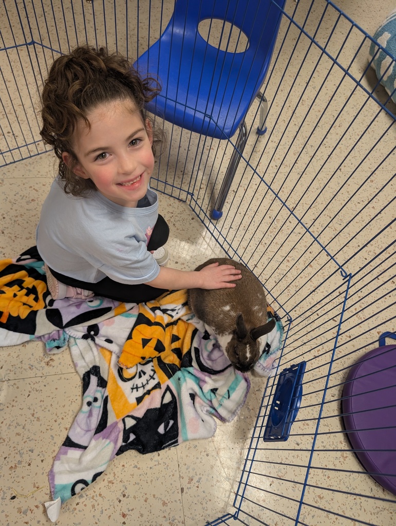 a girl smiling and petting the bunny