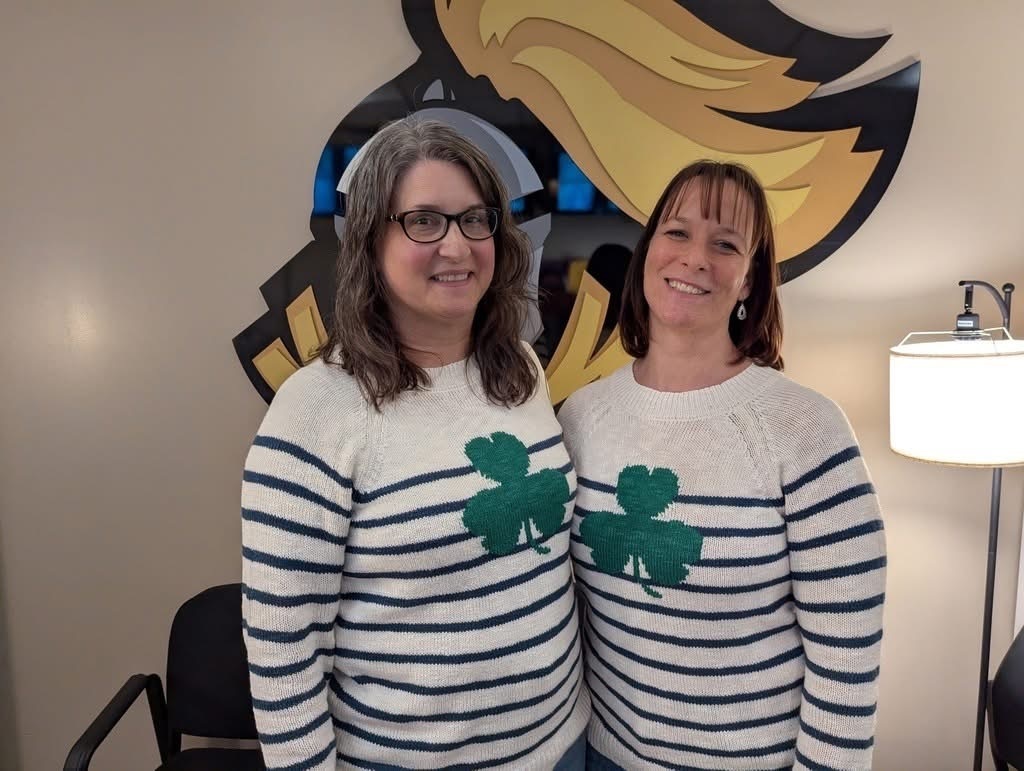 Mrs. Smith & Ms. Valentine in shamrock sweaters