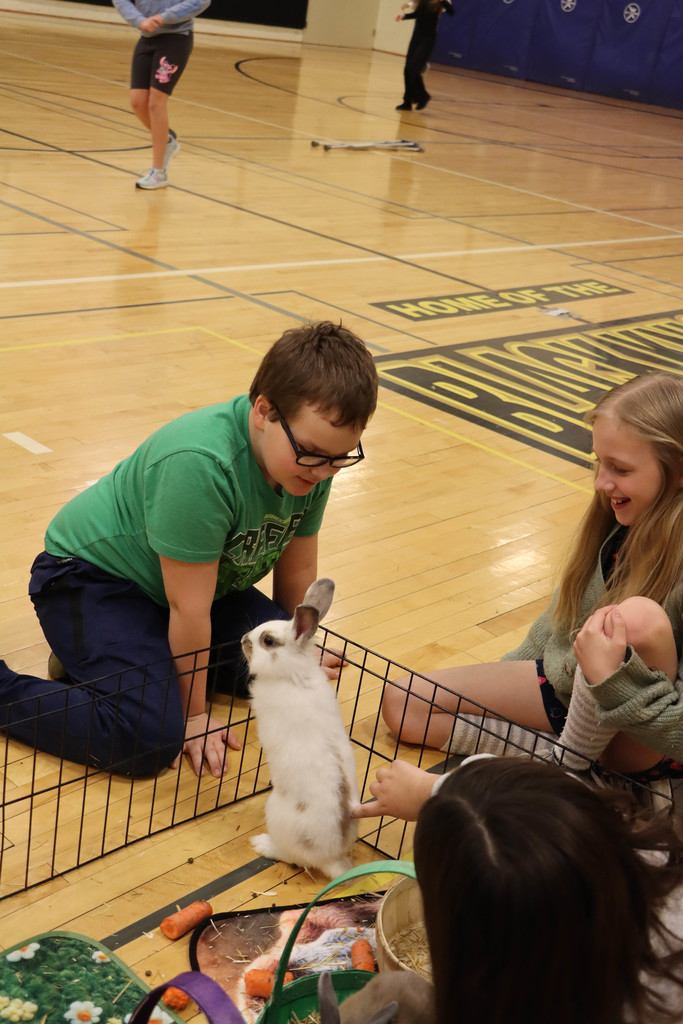 A rabbit stands on it's hind legs as two students look on. 