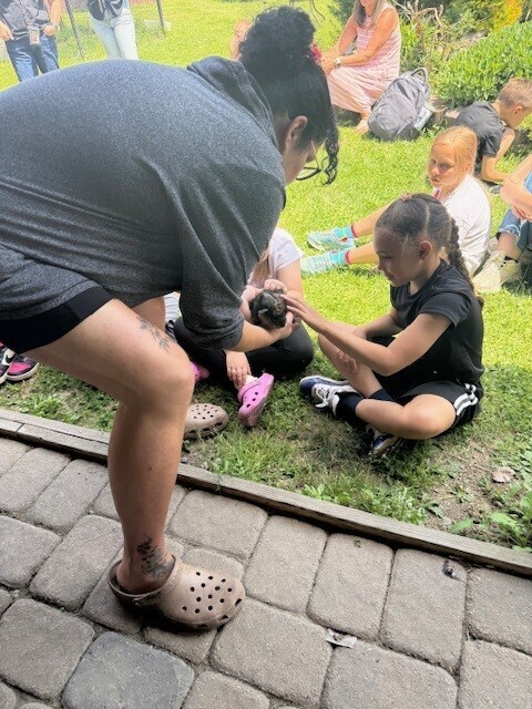 A student pets a guinea pig.