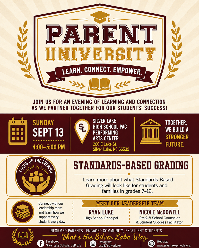 Parent University flyer in cream, maroon, and gold announcing a Standards-Based Grading session for families of students in grades 7–12. The event is Sunday, September 13 from 4:00–5:00 p.m. at the Silver Lake High School Performing Arts Center, 200 E. Lake St., Silver Lake, Kansas. The flyer also features High School Principal Ryan Luke and Nicole McDowell, PreK–8 School Counselor and Student Success Facilitator.
