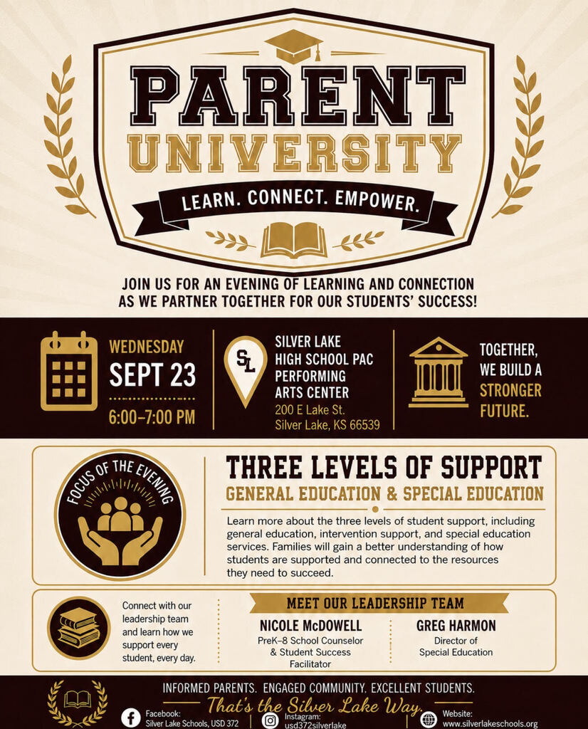 Cream, maroon, and gold Parent University flyer announcing a session on the “Three Levels of Support: General Education & Special Education.” The event is Wednesday, September 23 from 6:00–7:00 p.m. at the Silver Lake High School Performing Arts Center, 200 E. Lake St., Silver Lake, Kansas. The flyer explains that families will learn about general education, intervention support, and special education services, and features Nicole McDowell, PreK–8 School Counselor and Student Success Facilitator, and Greg Harmon, Director of Special Education.