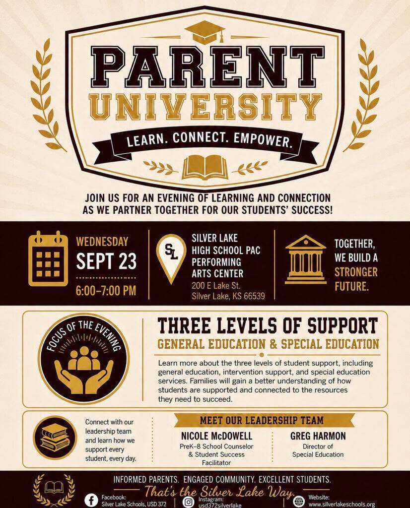 arent University graphic in Silver Lake maroon and gold. Event is Wednesday, September 23, from 6:00–7:00 PM at the Silver Lake High School Performing Arts Center, 200 E. Lake St., Silver Lake, KS. The focus is “Three Levels of Support: General Education & Special Education,” including general education, intervention support, and special education services. Presenters are Nicole McDowell, PreK–8 School Counselor and Student Success Facilitator, and Greg Harmon, Director of Special Education.