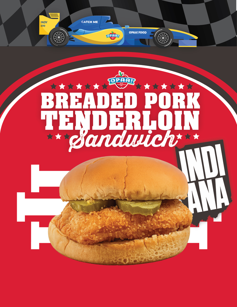 Graphic promoting a new Breaded Pork Tenderloin Sandwich from OPAA! A breaded pork tenderloin sandwich with pickles on a bun is shown over a red Indiana-themed background with a race car at the top. Text reads, “Breaded Pork Tenderloin Sandwich” and “Indiana.”