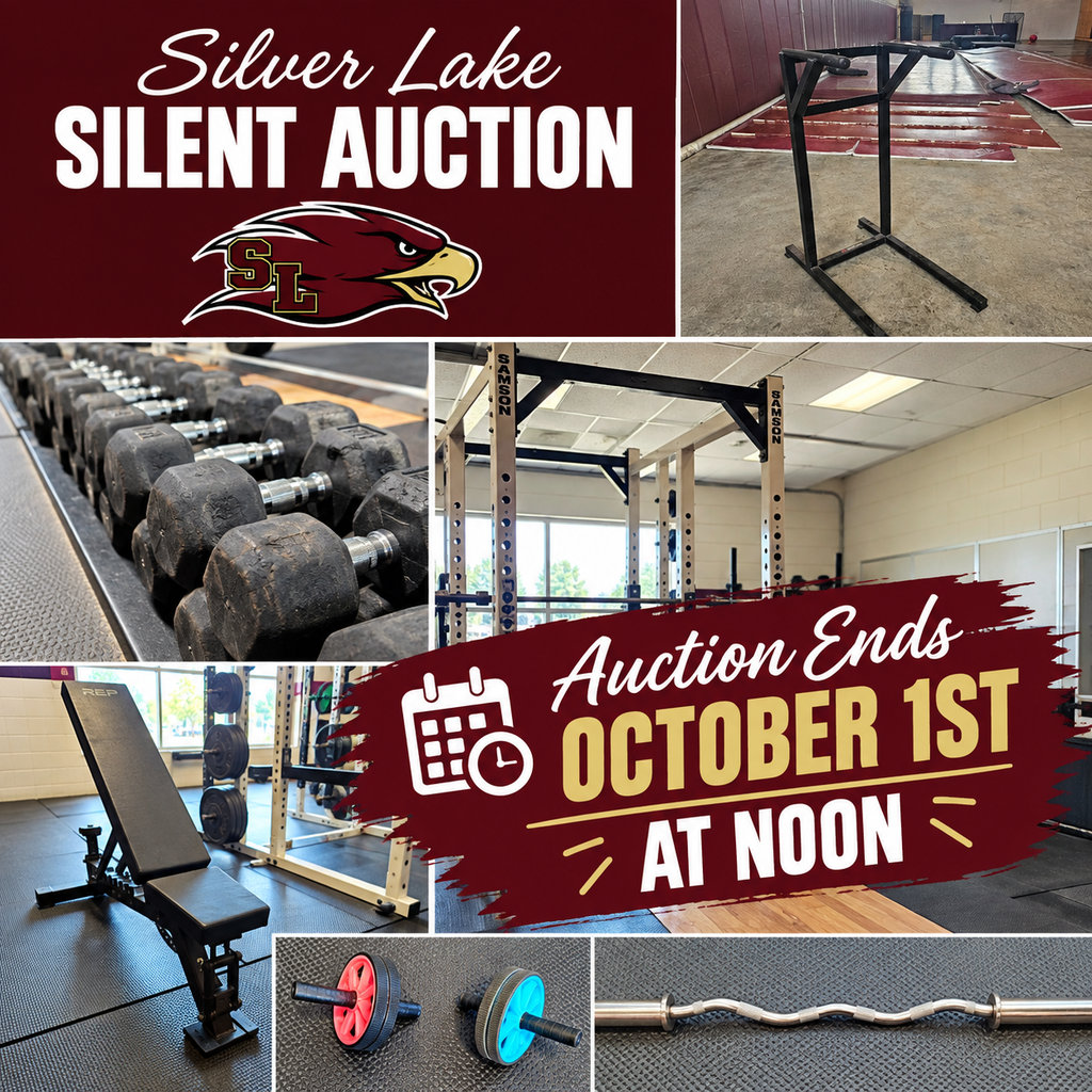 Graphic for the Silver Lake Silent Auction featuring photos of used weight room and fitness equipment, including dumbbells, weight racks, a workout bench, ab wheels, an EZ curl bar, and other gym equipment. Text reads: “Silver Lake Silent Auction. Auction Ends October 1st at Noon.” The Silver Lake eagle logo appears near the top.