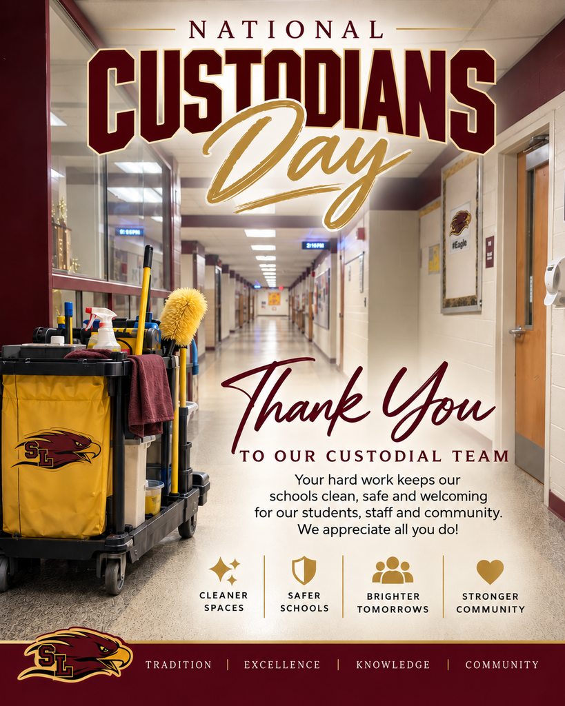 National Custodians Day graphic for Silver Lake Schools. The design features a photo of a Silver Lake school hallway with maroon and cream walls and a custodial cleaning cart in the foreground. Large maroon and gold text reads “National Custodians Day.” Additional text says, “Thank You to Our Custodial Team. Your hard work keeps our schools clean, safe and welcoming for our students, staff and community. We appreciate all you do!” The bottom includes icons representing cleaner spaces, safer schools, brighter tomorrows, and stronger community, along with the Silver Lake eagle logo and the words “Tradition, Excellence, Knowledge, Community.”