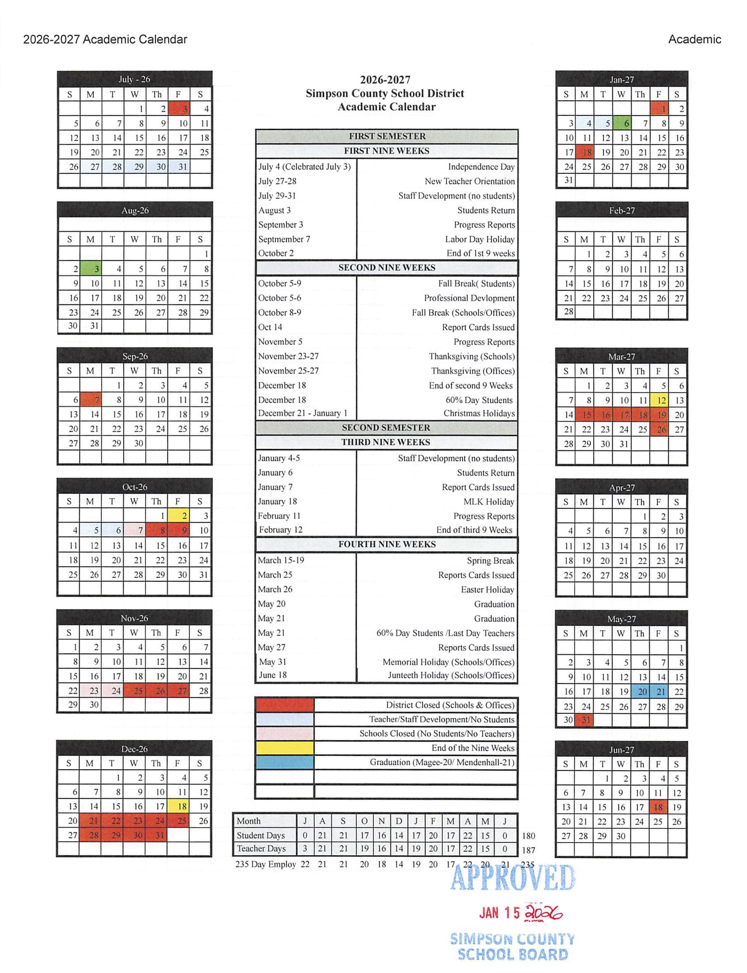 School Board Approves 2026-2027 Academic Calendar | Simpson County School District