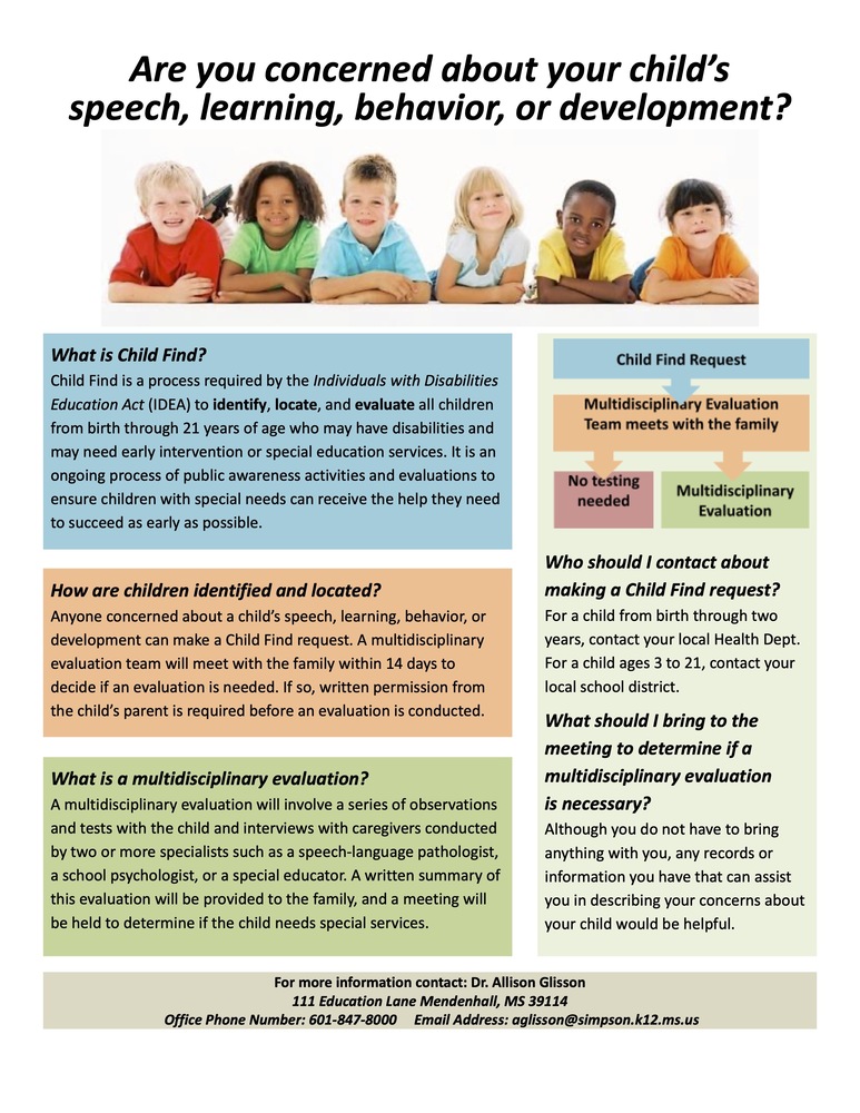 Are you concerned about your child's speech, learning, behavior, or development? Contact our Exceptional Education Department at 601-847-8000.