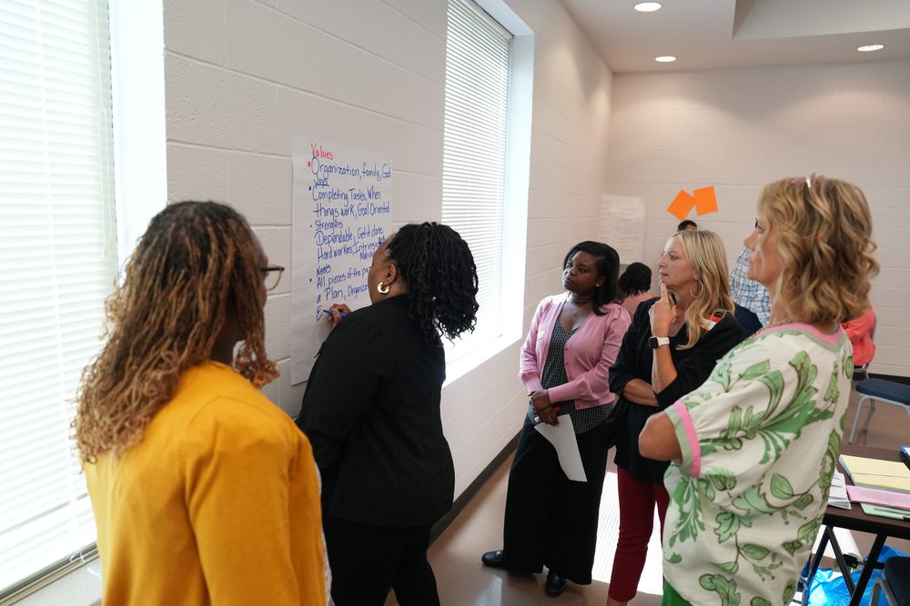 School leaders are collaborating on a project at the Admin Retreat. A lady is writing on team goals onto a giant paper taped to the wall. 