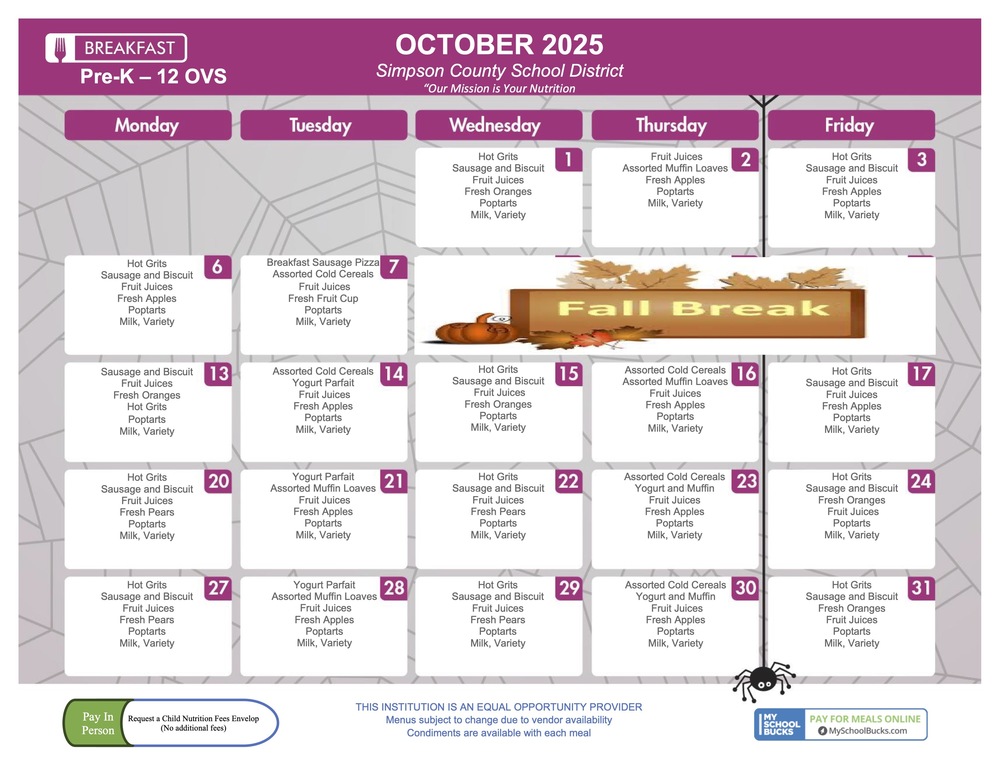 Breakfast menu. For more information, contact 601-847-8000