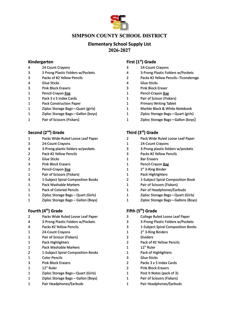 Elementary School Supply List