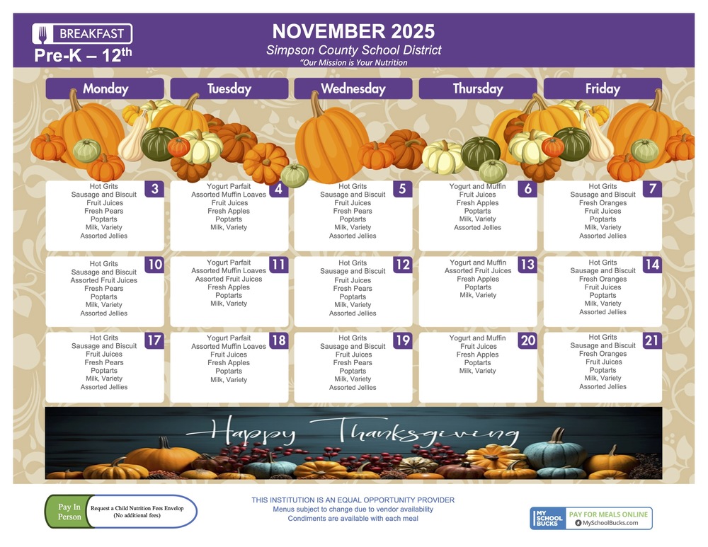 November Breakfast Menu